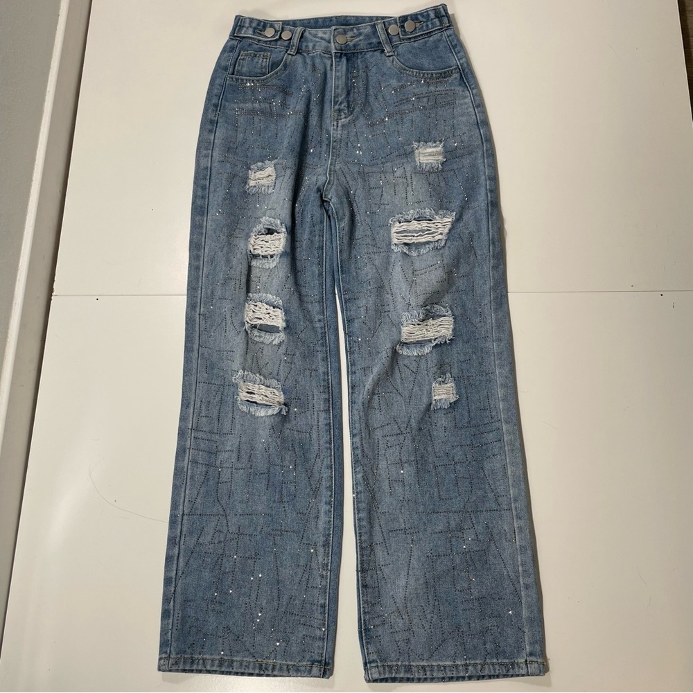 Rare Distressed Wide Leg Jeans sz 27 Bling Bling Coastal Cowgirl Grunge